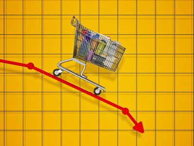 Shopping cart with supermarket products falling down the decreasing arrow. 3D illustration Shopping cart with supermarke-stock-photo