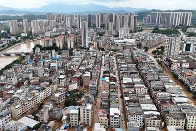 ZHAOQING, CHINA - JUNE 19: Aerial view of the flood in the disaster-stricken area of Huaiji County with mud accumulated-stock-foto
