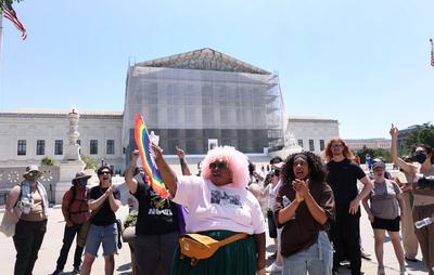 Transgender activists protest in front of the US Supreme Court in Washington, District of Columbia, USA.-stock-photo