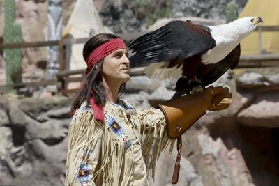 Alexander Klaws, als Winnetou mit Adler bei der Fotoprobe in Maske und Kostuem in der Western Deko zum Karl May Stueck Halbblut in Freilicht Theater am Kalkberg 20.Juni 2025 in Bad Segeberg Schleswig-Holstein Deutschland *** Alexander Klaws, as Winnetou with eagle at the photo rehearsal in make-up and costume in the western deco for the Karl May play Half-Blood in Freilicht Theater am Kalkberg 20 June 2025 in Bad Segeberg Schleswig Holstein Germany-stock-foto