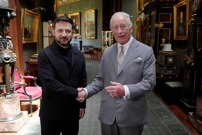 King Charles with Volodymyr Zelensky at Windsor Castle-stock-photo