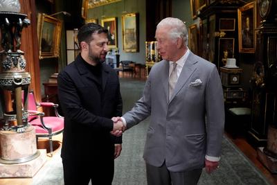 King Charles with Volodymyr Zelensky at Windsor Castle-stock-photo