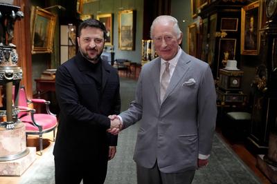 King Charles with Volodymyr Zelensky at Windsor Castle-stock-photo