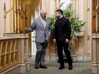 King Charles with Volodymyr Zelensky at Windsor Castle-stock-photo