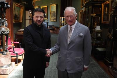 King Charles with Volodymyr Zelensky at Windsor Castle-stock-photo