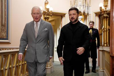 King Charles with Volodymyr Zelensky at Windsor Castle-stock-photo