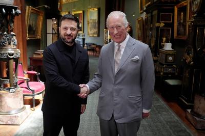 King Charles with Volodymyr Zelensky at Windsor Castle-stock-photo