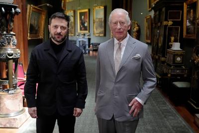 King Charles with Volodymyr Zelensky at Windsor Castle-stock-photo