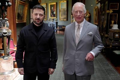 King Charles with Volodymyr Zelensky at Windsor Castle-stock-photo
