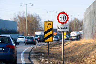 Augsburg, Bavaria, Germany - March 7, 2025: A traffic sign limits the speed to 60 km/h with the addition of noise protec-stock-foto
