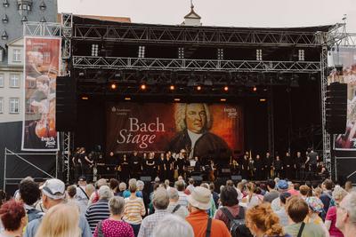 Bach Festival Sing and Sign choir and orchestra at the Bach Festival, or Bach Fest, Bach Stage in Leipzig Markt, at a c-stock-photo