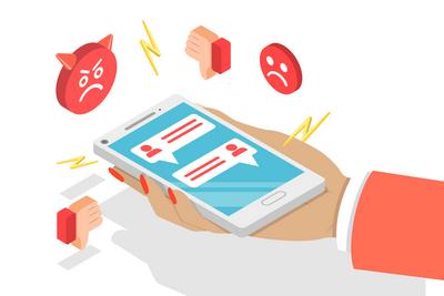 3D Isometric Flat Conceptual Illustration of Angry Feedback, Online Dislike<br>3D Isometric Flat Conceptual Illustration-stock-foto