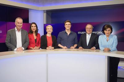 Stephan Lamby, Alev Doğan, Ines Schwerdtner, Constantin Schreiber, Armin Laschet, Sandra Maischberger-stock-foto