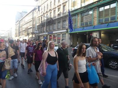 Hungarians and lgbt supporters protest hungary's new anti lgbt+ law in front of parliament.-stock-photo