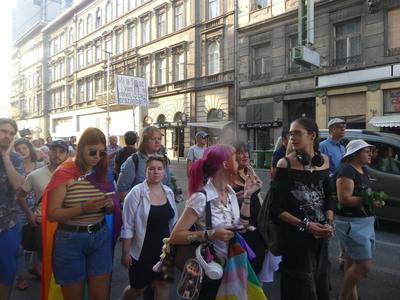 Hungarians and lgbt supporters protest hungary's new anti lgbt+ law in front of parliament.-stock-photo