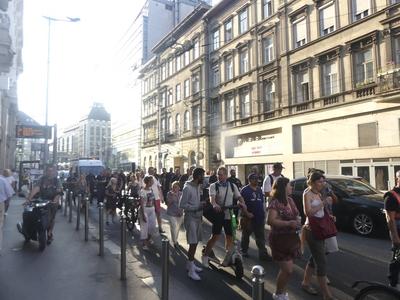 Hungarians and lgbt supporters protest hungary's new anti lgbt+ law in front of parliament.-stock-photo