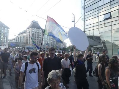 Hungarians and lgbt supporters protest hungary's new anti lgbt+ law in front of parliament.-stock-photo
