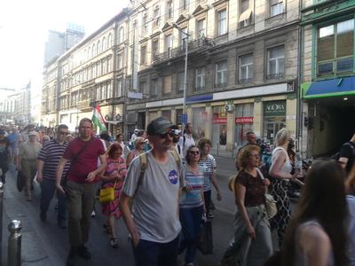 Hungarians and lgbt supporters protest hungary's new anti lgbt+ law in front of parliament.-stock-photo