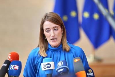 Br?ssel, Belgien, 26.06.2025: Europa-Geb?ude: Europ?ischer Rat: EU-Parlamentspr?sidentin Roberta Metsola *** Brussels, B-stock-photo