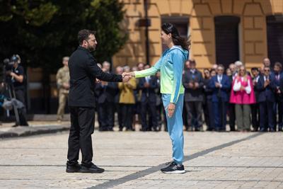 Ukrainian President, Volodymyr Zelenskyy, awards distinguished individuals the highest state awards-stock-photo