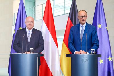 Bundeskanzler Merz empf?ngt den Oesterreichischen Bundeskanzler Stocker-stock-foto