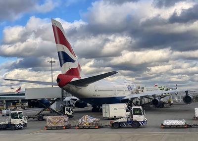 British Airways One World passenger jet Boing 747 Jumbo at International Airport London Heathrow in London, Great Brita-stock-photo