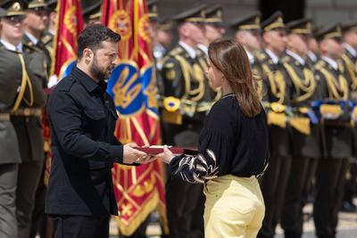 Ukrainian President, Volodymyr Zelenskyy, awards distinguished individuals the highest state awards-stock-photo