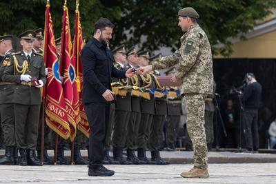 Ukrainian President, Volodymyr Zelenskyy, awards distinguished individuals the highest state awards-stock-photo