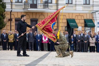 Ukrainian President, Volodymyr Zelenskyy, awards distinguished individuals the highest state awards-stock-photo