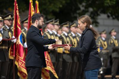 Ukrainian President, Volodymyr Zelenskyy, awards distinguished individuals the highest state awards-stock-photo