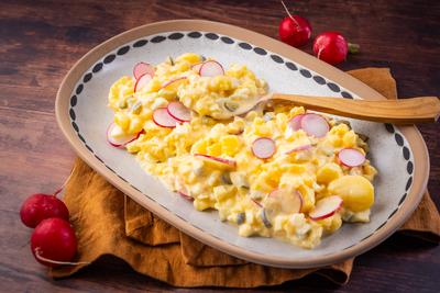 Hausgemachter traditioneller Kartoffel- und Eiersalat mit Essiggurken-stock-photo