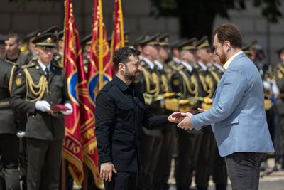 Ukrainian President, Volodymyr Zelenskyy, awards distinguished individuals the highest state awards-stock-photo