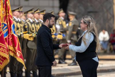 Ukrainian President, Volodymyr Zelenskyy, awards distinguished individuals the highest state awards-stock-photo