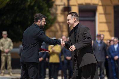 Ukrainian President, Volodymyr Zelenskyy, awards distinguished individuals the highest state awards-stock-photo