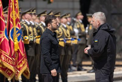 Ukrainian President, Volodymyr Zelenskyy, awards distinguished individuals the highest state awards-stock-photo