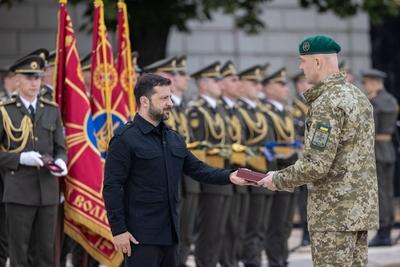 Ukrainian President, Volodymyr Zelenskyy, awards distinguished individuals the highest state awards-stock-photo