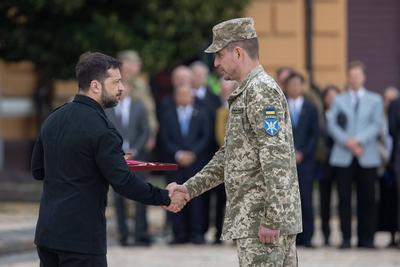 Ukrainian President, Volodymyr Zelenskyy, awards distinguished individuals the highest state awards-stock-photo