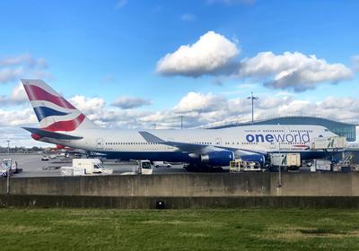 British Airways One World passenger jet Boing 747 Jumbo at International Airport London Heathrow in London, Great Brita-stock-photo