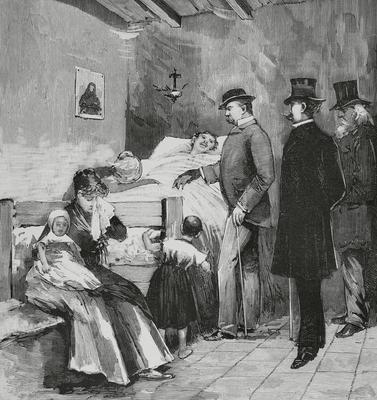 Italy. Naples. Epidemic of cholera. Visit of King Humbert I of Savoy (1844-1900) to the sick of the Arrabal. Engraving, 1884.-stock-foto
