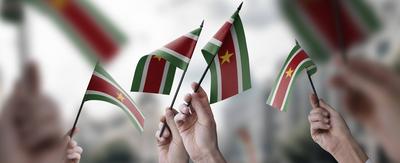 A group of people holding small flags of the Suriname in their hands A group of people holding small flags of the Surina-stock-foto