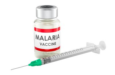 Malaria-Impfstoff-Fl?schchen mit Spritze, 3D-Rendering-stock-foto
