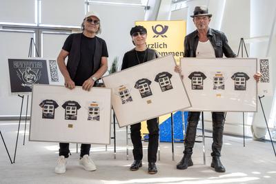 Eigene Briefmarken f?r die deutsche Rock-Formation Scorpions.-stock-foto
