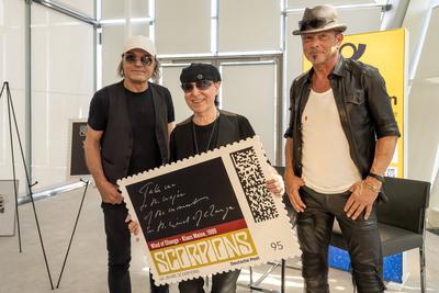 Eigene Briefmarken f?r die deutsche Rock-Formation Scorpions.-stock-foto