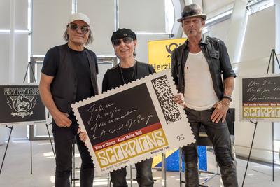 Eigene Briefmarken f?r die deutsche Rock-Formation Scorpions.-stock-foto