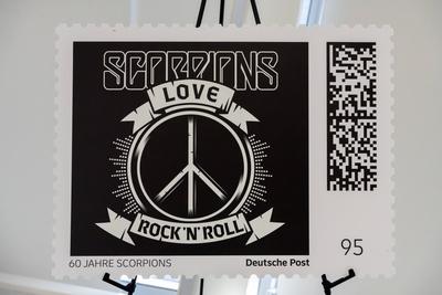 Eigene Briefmarken f?r die deutsche Rock-Formation Scorpions.-stock-foto