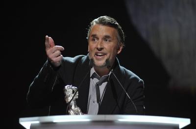 Regisseur Richard Linklater mit dem Silbernen B?ren f?r die Beste Regie f?r den Film BOYHOOD w?hre-stock-photo