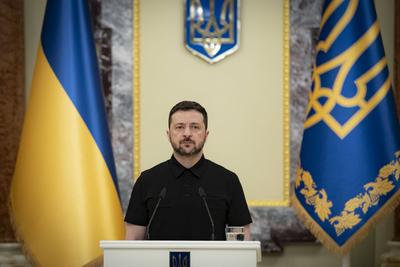 Ukrainian President, Volodymyr Zelenskyy, meets with naval veterans to present state awards-stock-photo