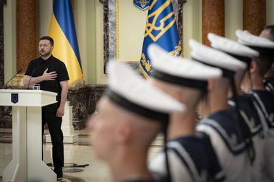 Ukrainian President, Volodymyr Zelenskyy, meets with naval veterans to present state awards-stock-photo