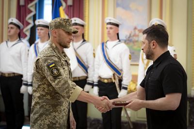 Ukrainian President, Volodymyr Zelenskyy, meets with naval veterans to present state awards-stock-photo