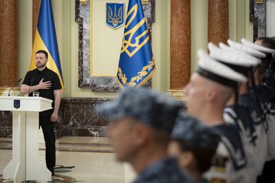 Ukrainian President, Volodymyr Zelenskyy, meets with naval veterans to present state awards-stock-photo